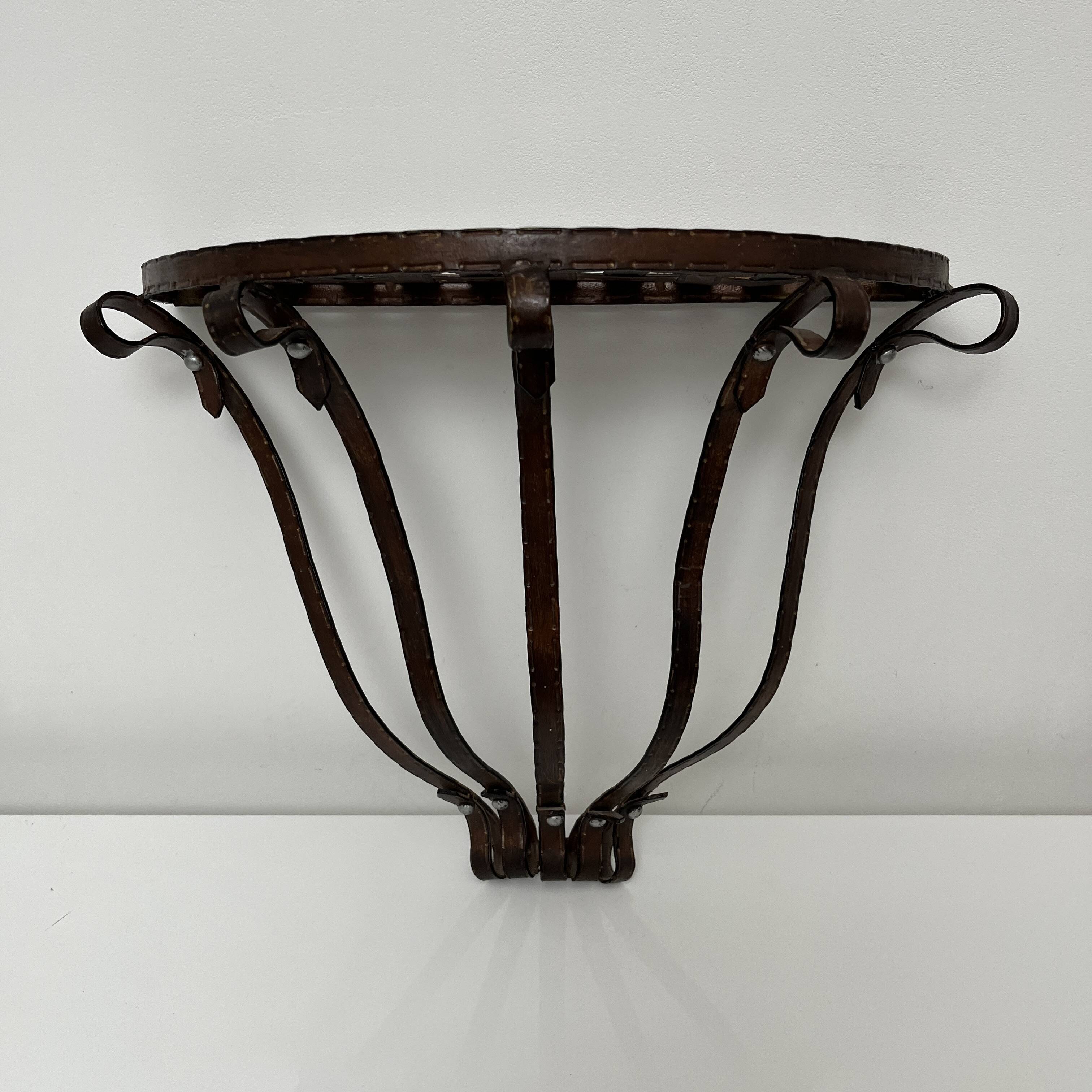 Small wall console Wrought iron trompe l'oeil stitched saddle leather