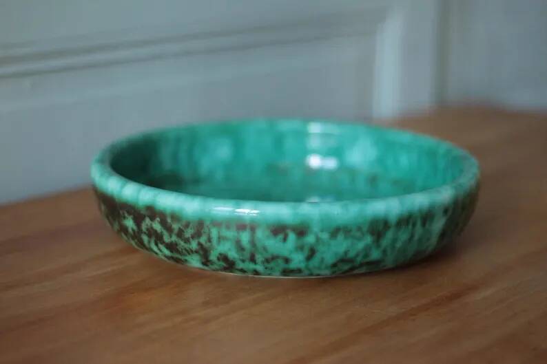 Ceramic dish Elchinger and sons, large round green dish, vintage catch-all, table art, interior decoration