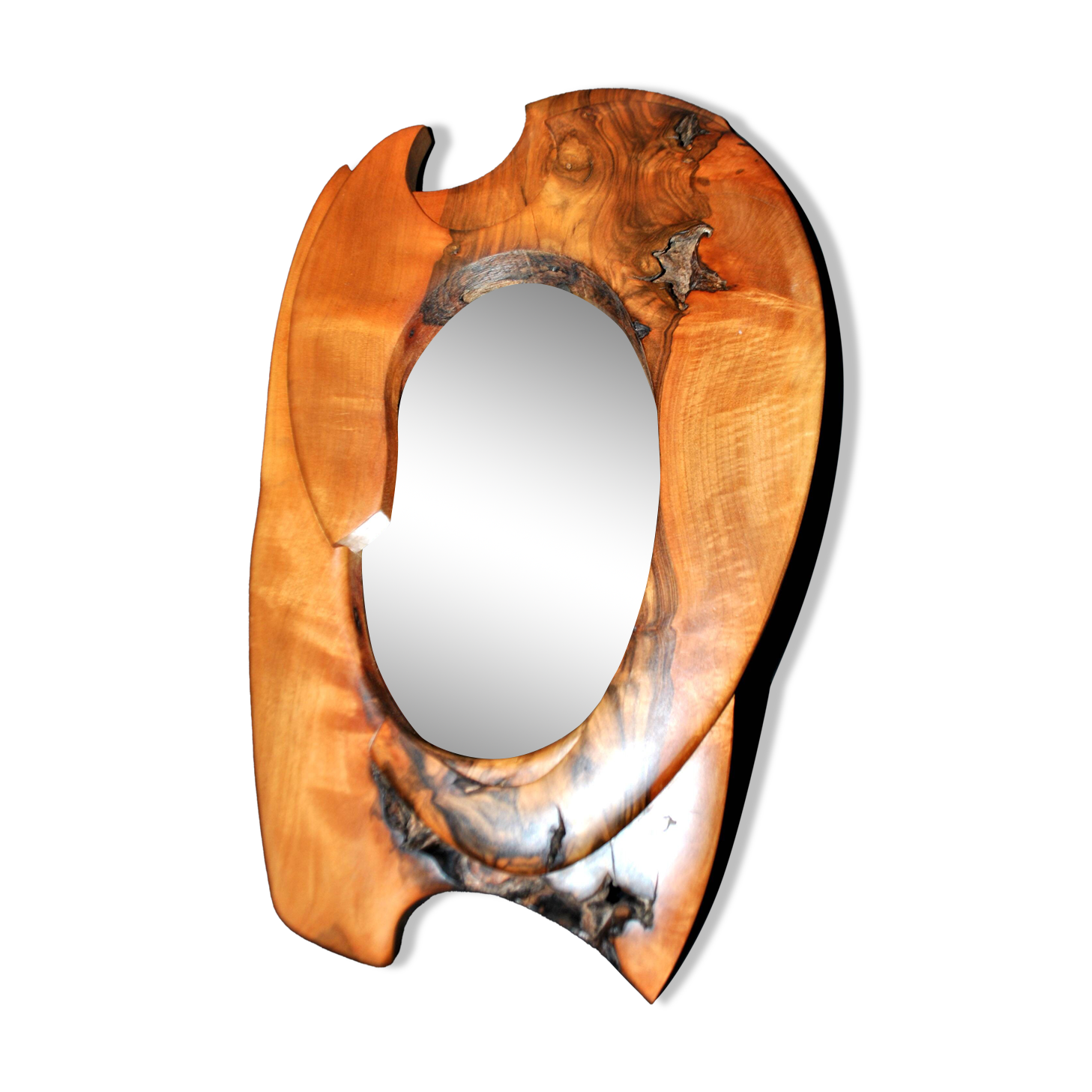 Vintage oval mirror in solid olive wood - Modernist design 1960-1970