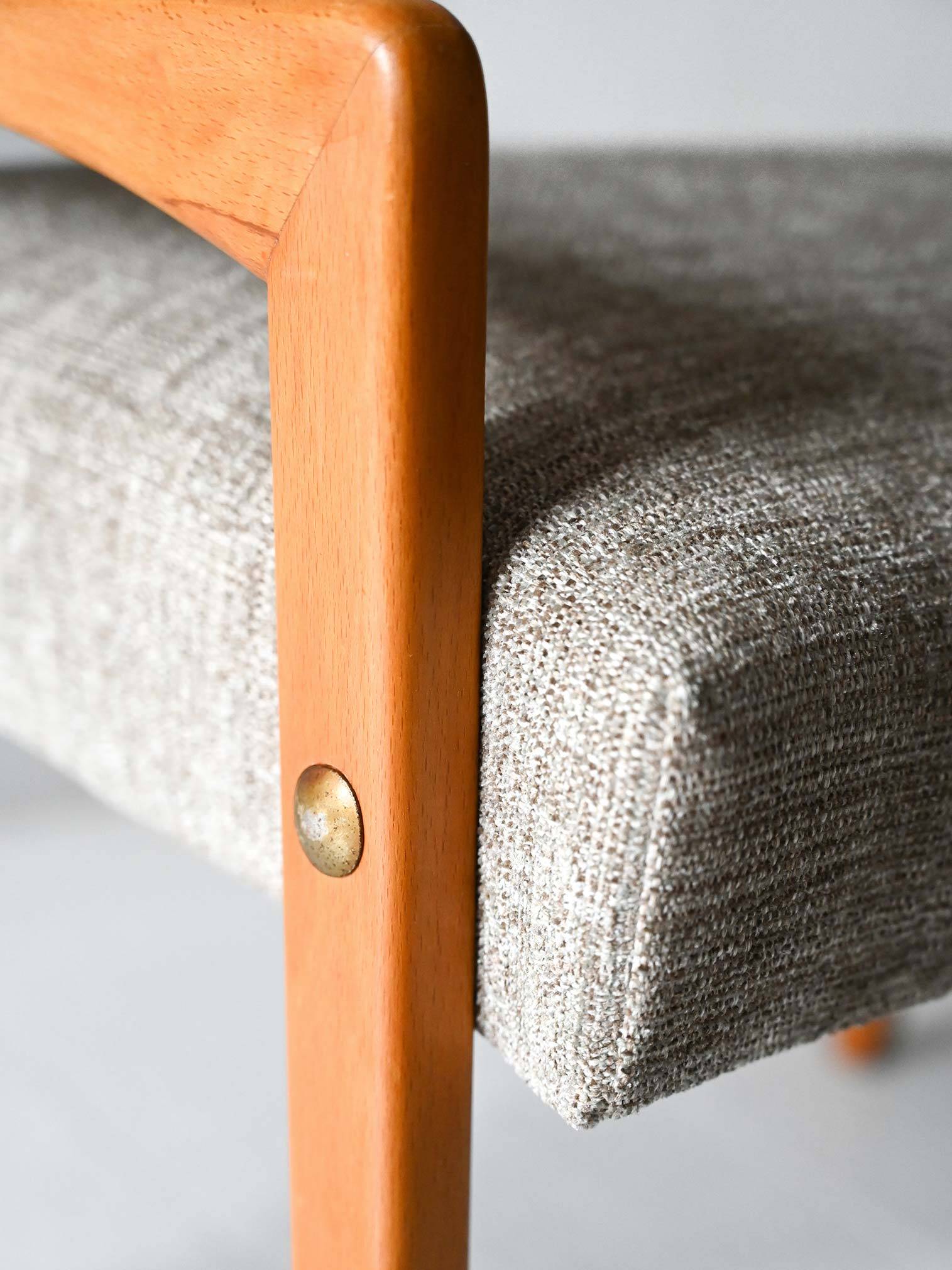 Vintage Scandinavian oak footstool with grey upholstery
