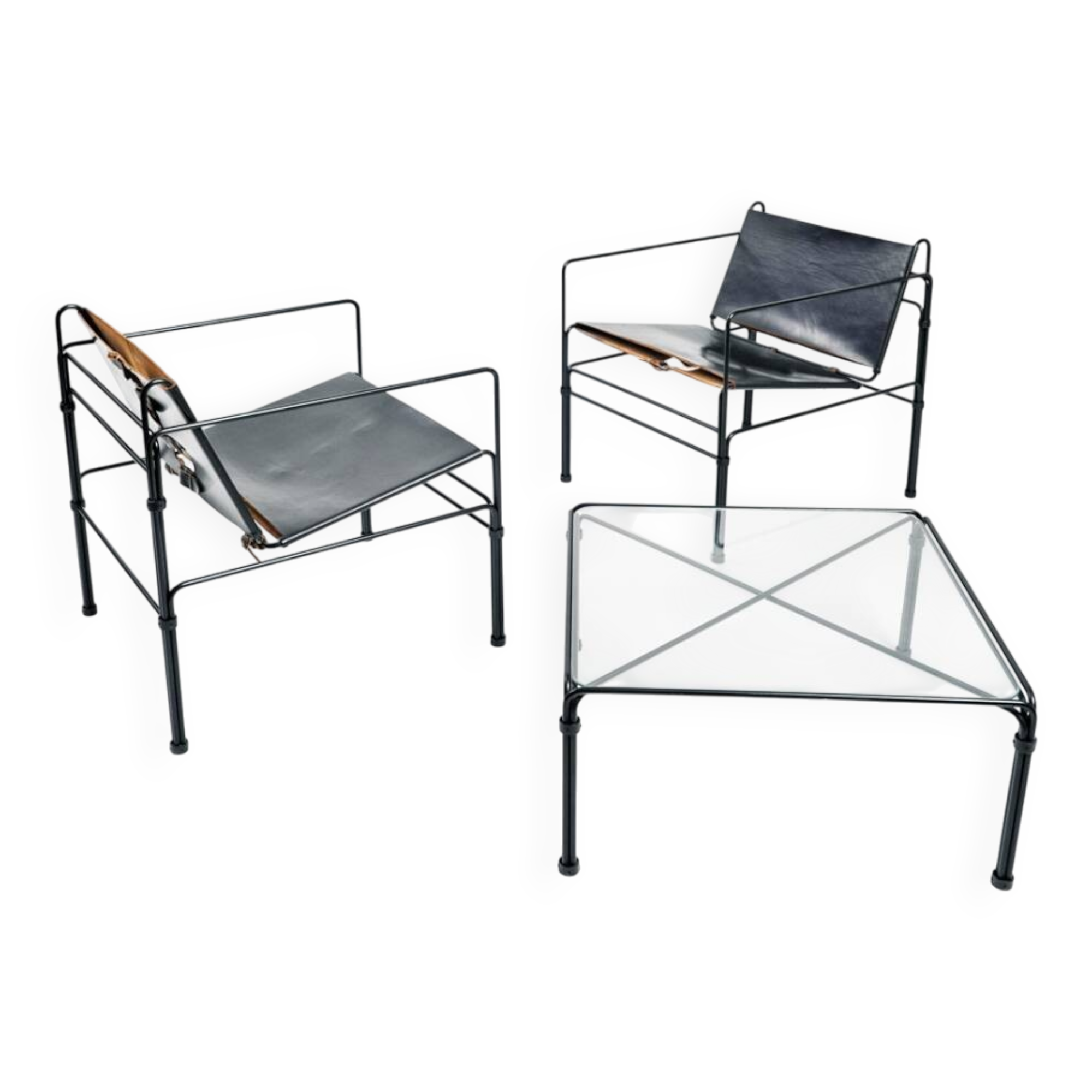 Black modernist design lounge set by Jan van Opzeeland in leather and steel bar, Netherlands, 1980s