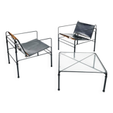 Black modernist design lounge set by Jan van Opzeeland in leather and steel bar, Netherlands, 1980s