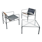 Ensemble de salon design moderniste noir par Jan van Opzeeland en cuir et bar en acier, Pays-Bas, années 1980