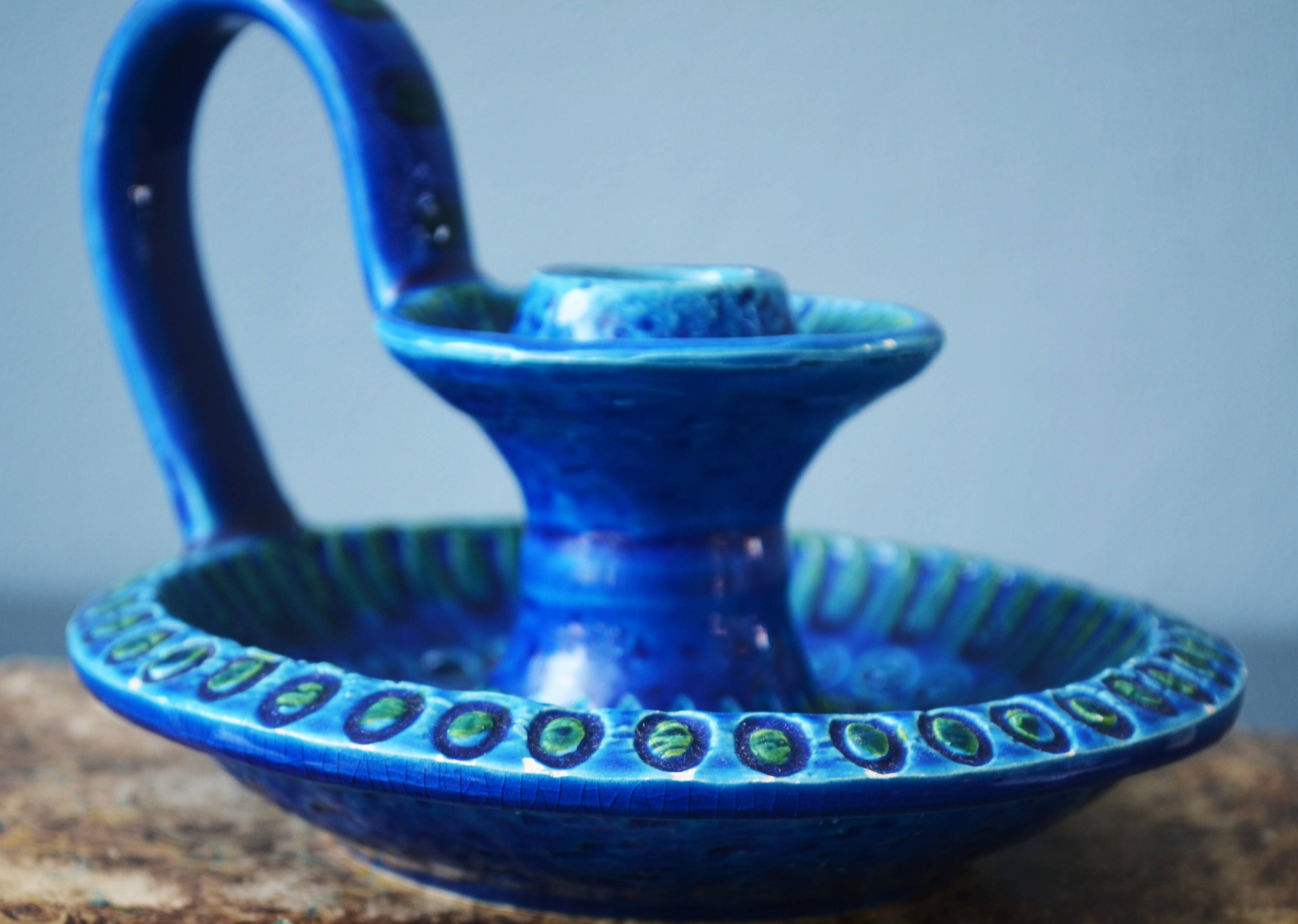 Mid Century Bitossi Aldo Londi Rimini Blue Chamber Candle Holder Painted in Blu