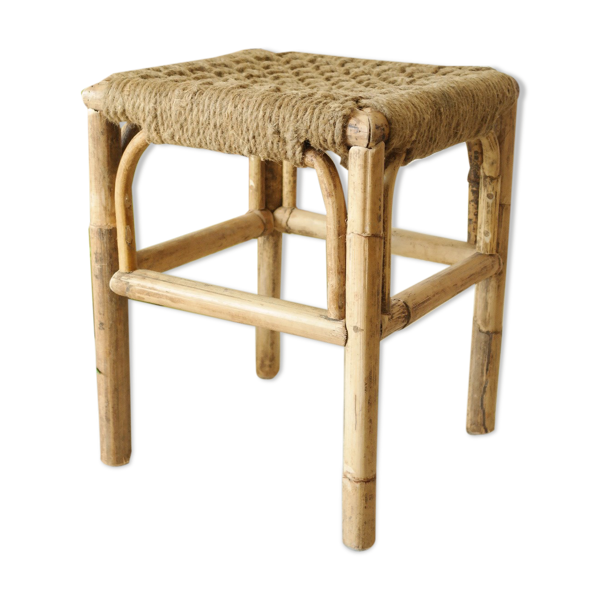 Tabouret bambou et corde artisanal vintage