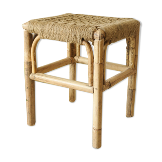 Tabouret bambou et corde artisanal vintage