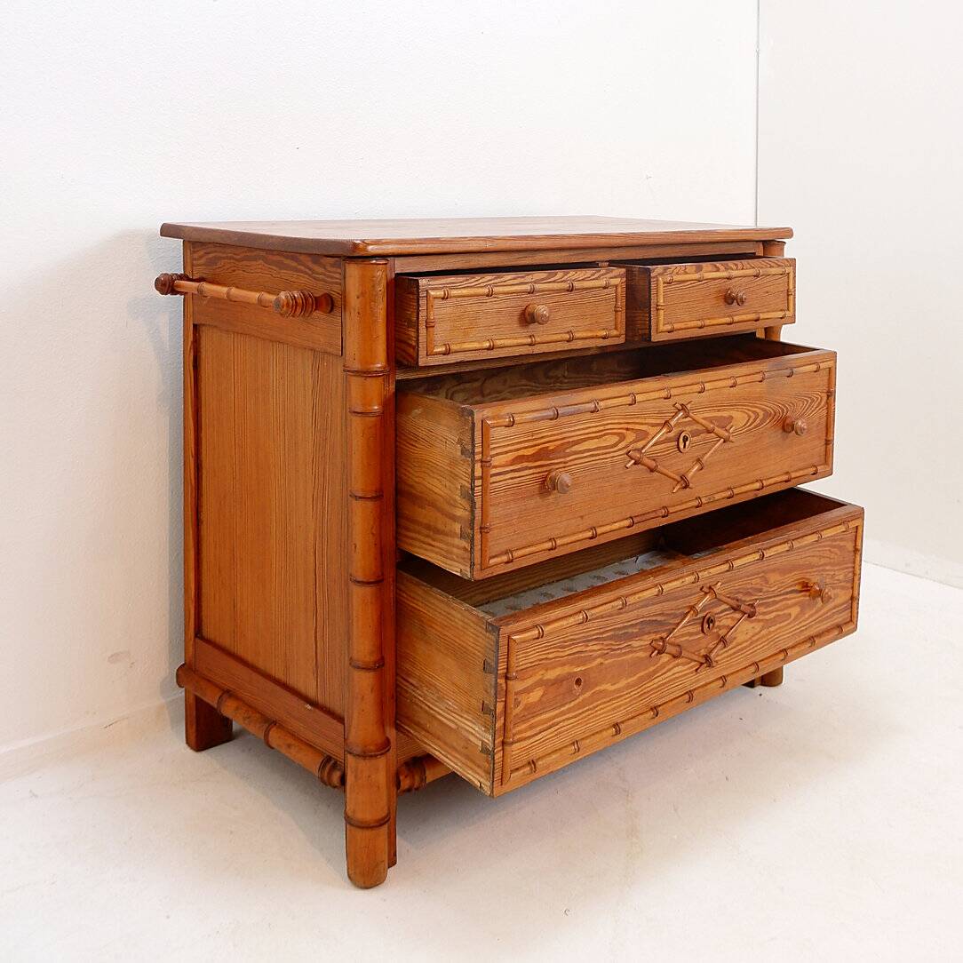 Faux Bamboo Dark Pine Chest of Drawers - 20th century