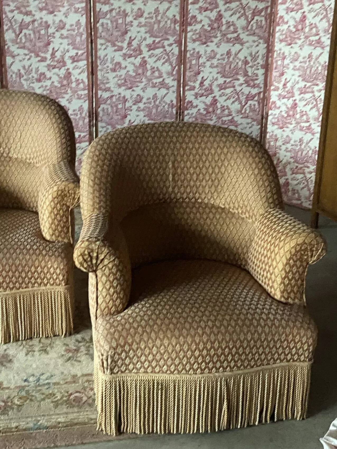 Pair of renovated upholstered frog chairs in beige velvet.