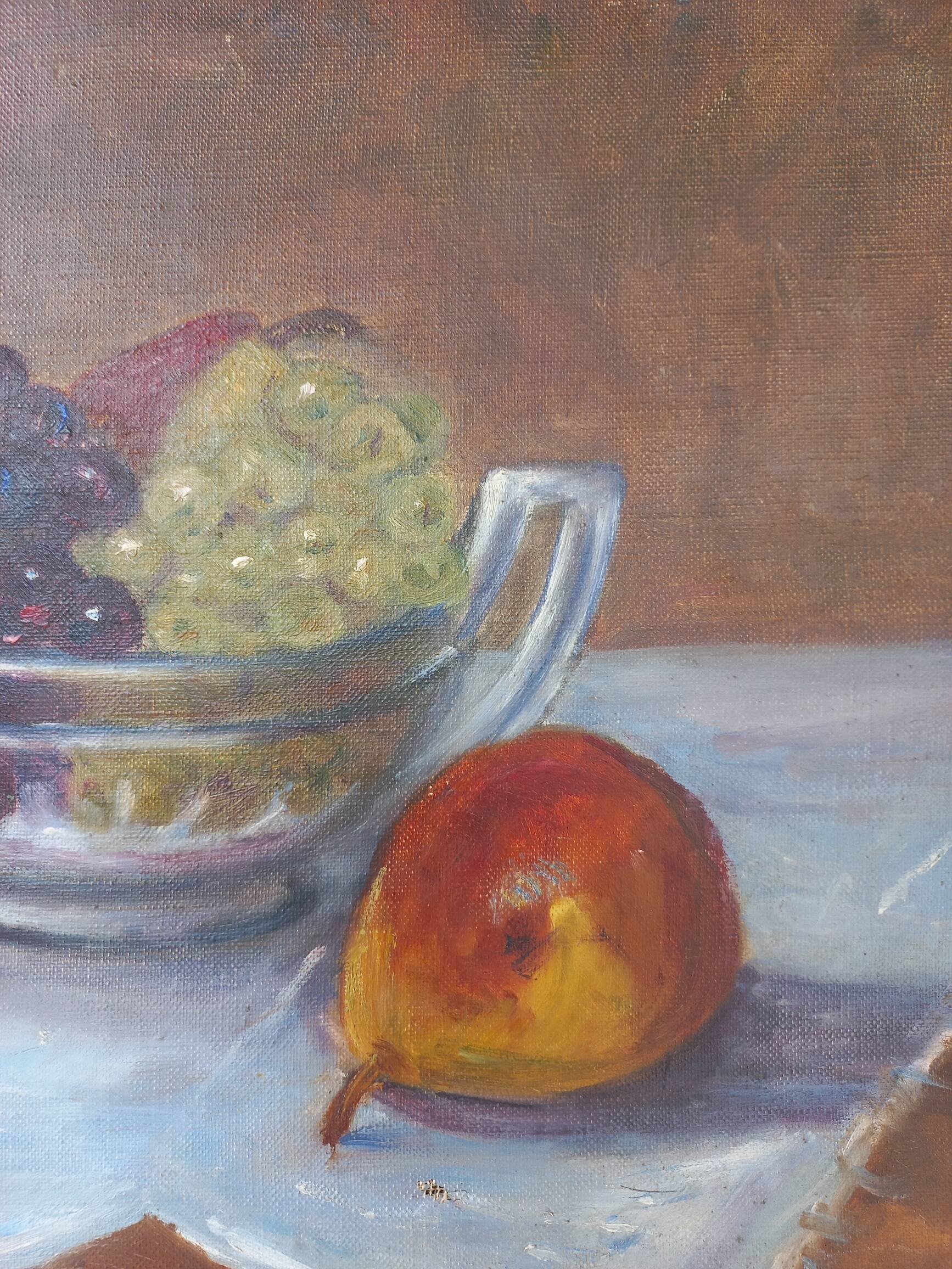 Still life painting, oil on canvas, with a bowl of grapes