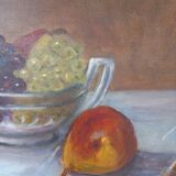 Still life painting, oil on canvas, with a bowl of grapes