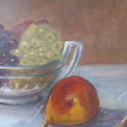 Still life painting, oil on canvas, with a bowl of grapes
