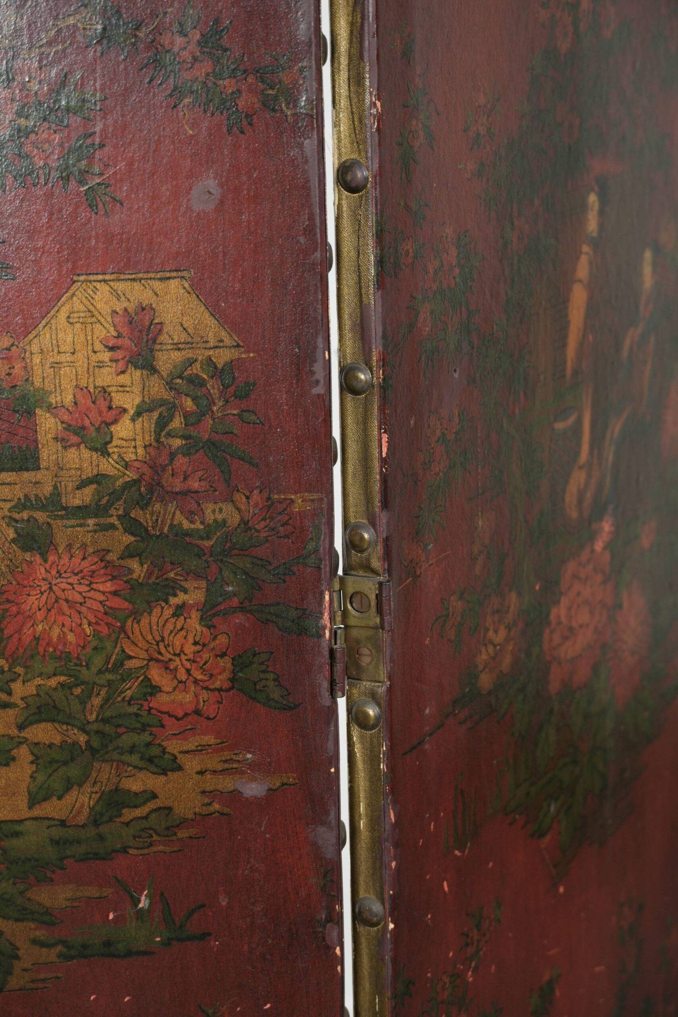 Antique English red leather hand-painted chinoiserie room divider/ screen