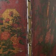 Antique English red leather hand-painted chinoiserie room divider/ screen