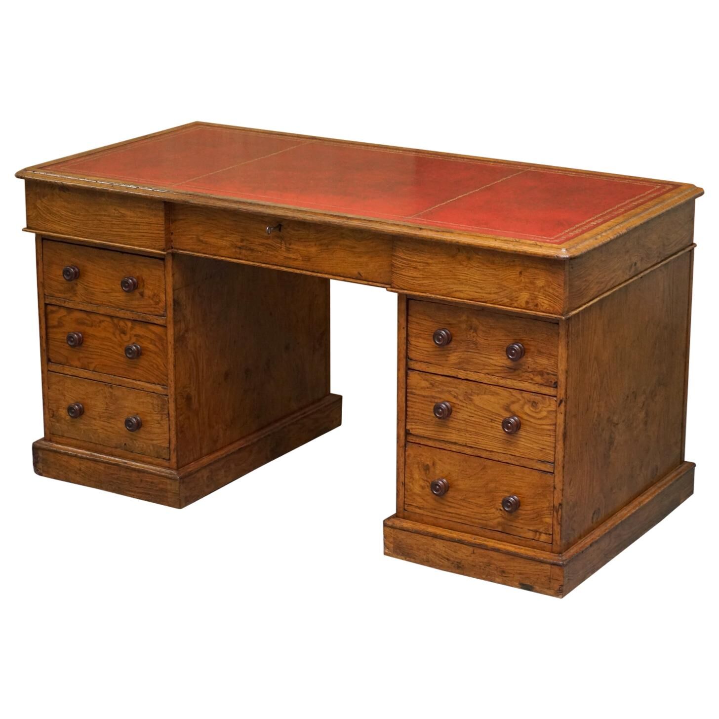 Rare oak partner's desk by Howard & Sons circa 1880 with leather.
