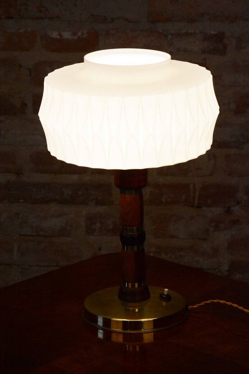 Mid-Century Table Lamp in Walnut, Brass and Glass, Czech, 1960s