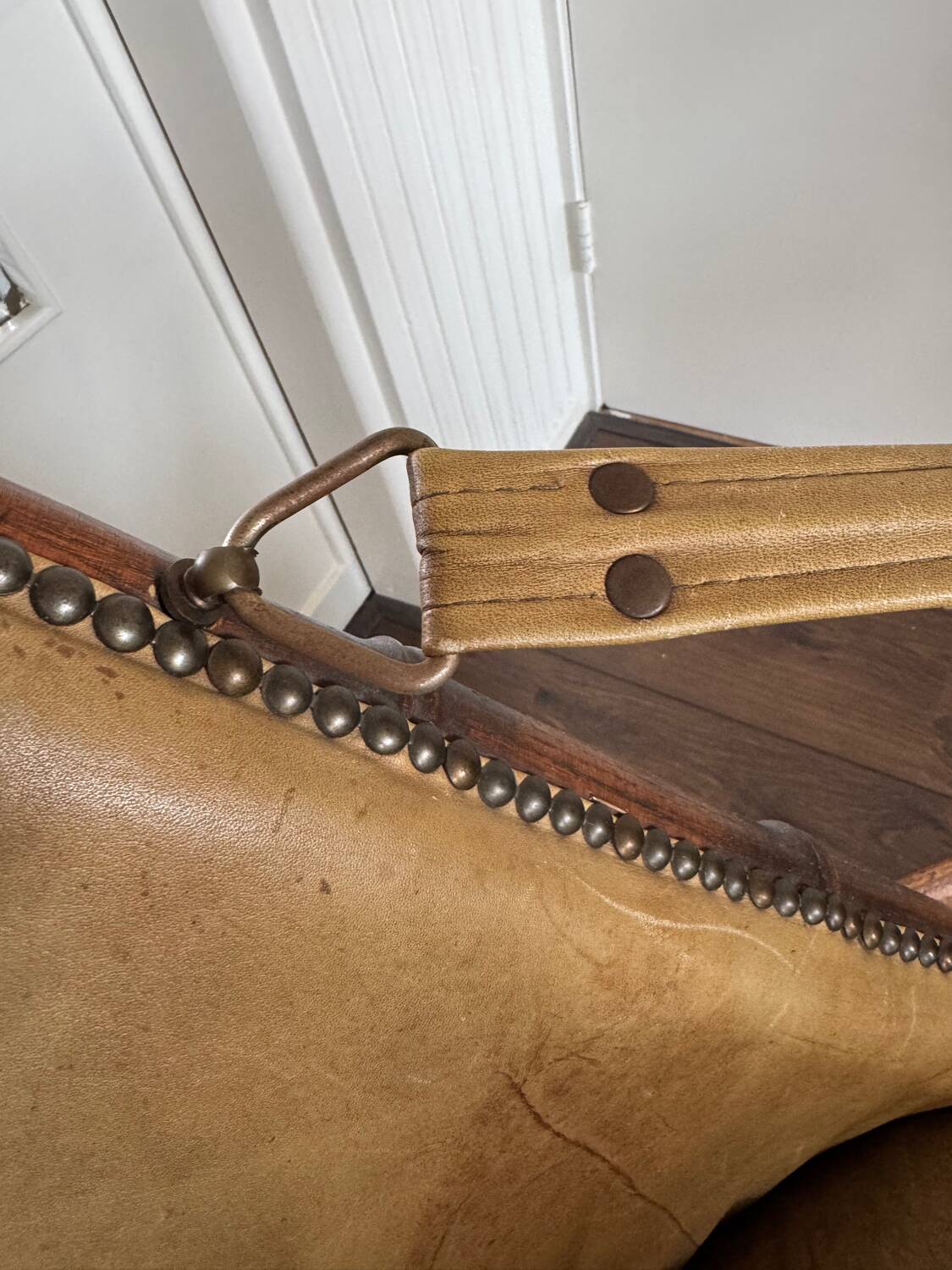 Vintage Faux bamboo, leather campaign folding chair by Maison Jansen, 1950s