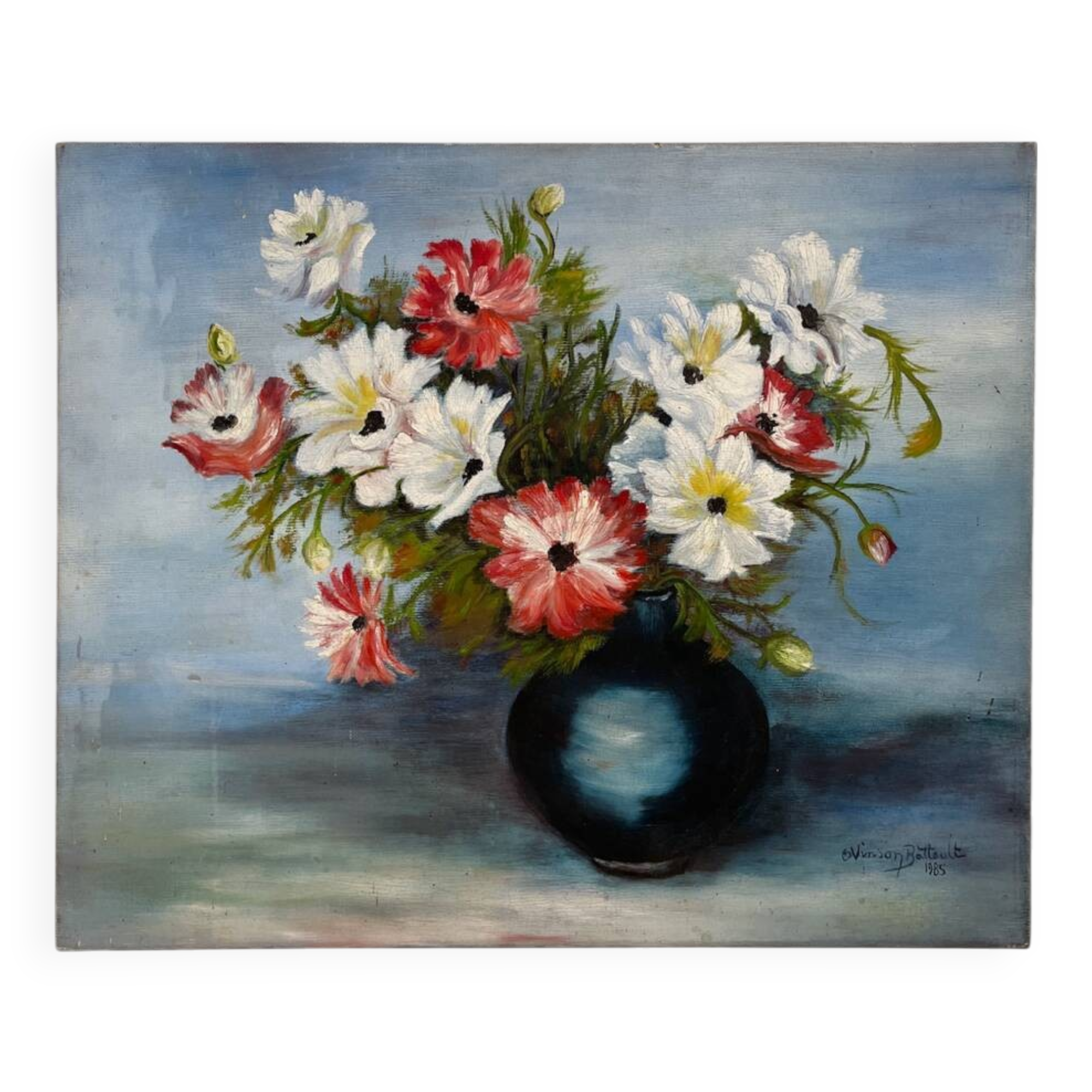 Old oil painting on cardboard bouquet of red and white anemone flowers 1985