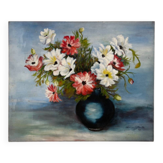 Old oil painting on cardboard bouquet of red and white anemone flowers 1985