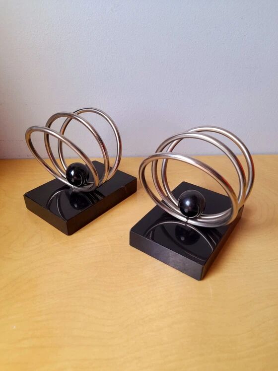 Marble and chrome metal bookends Art Deco