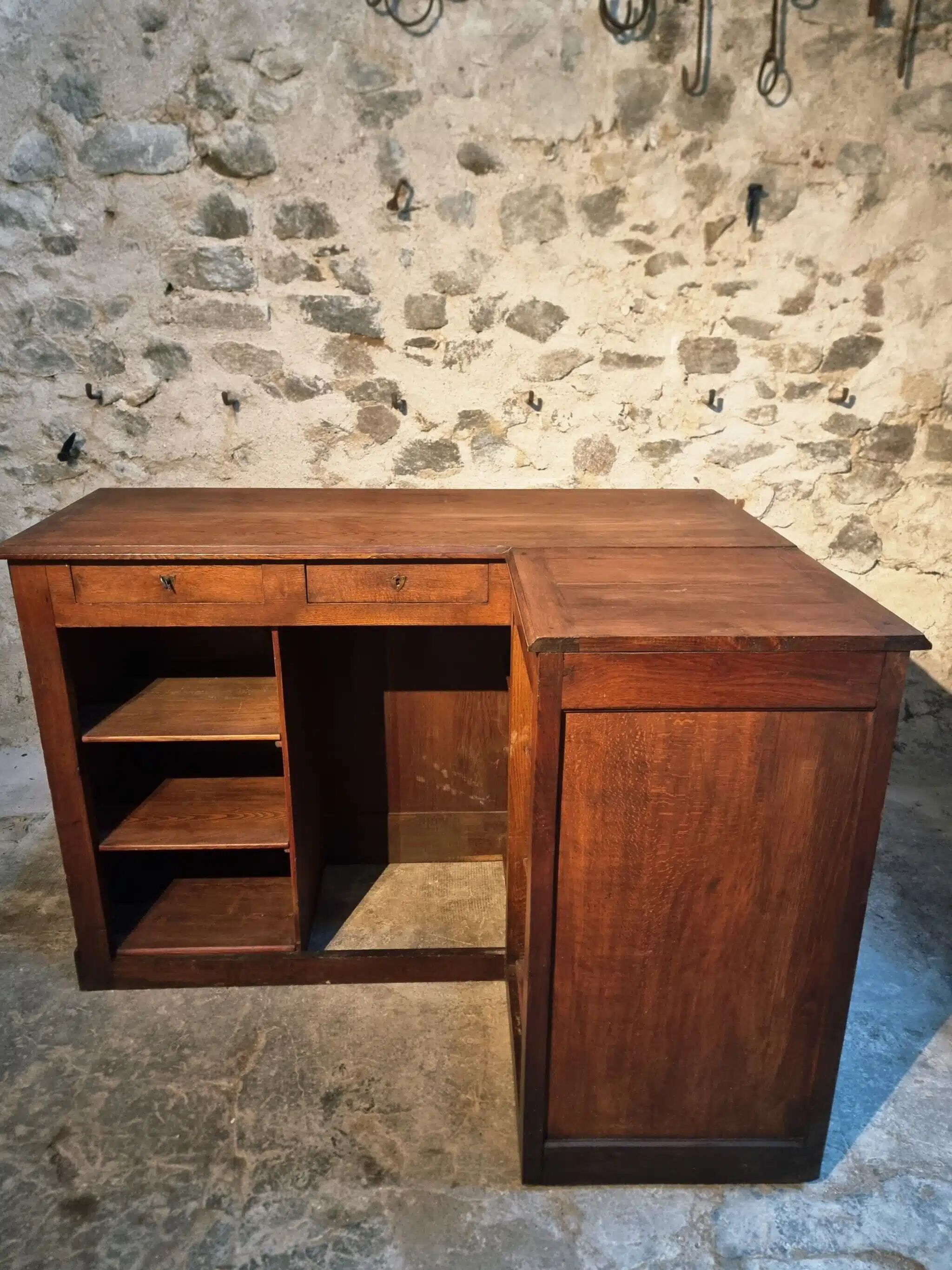 Antique French oak counter / shop counter (early 1900s)