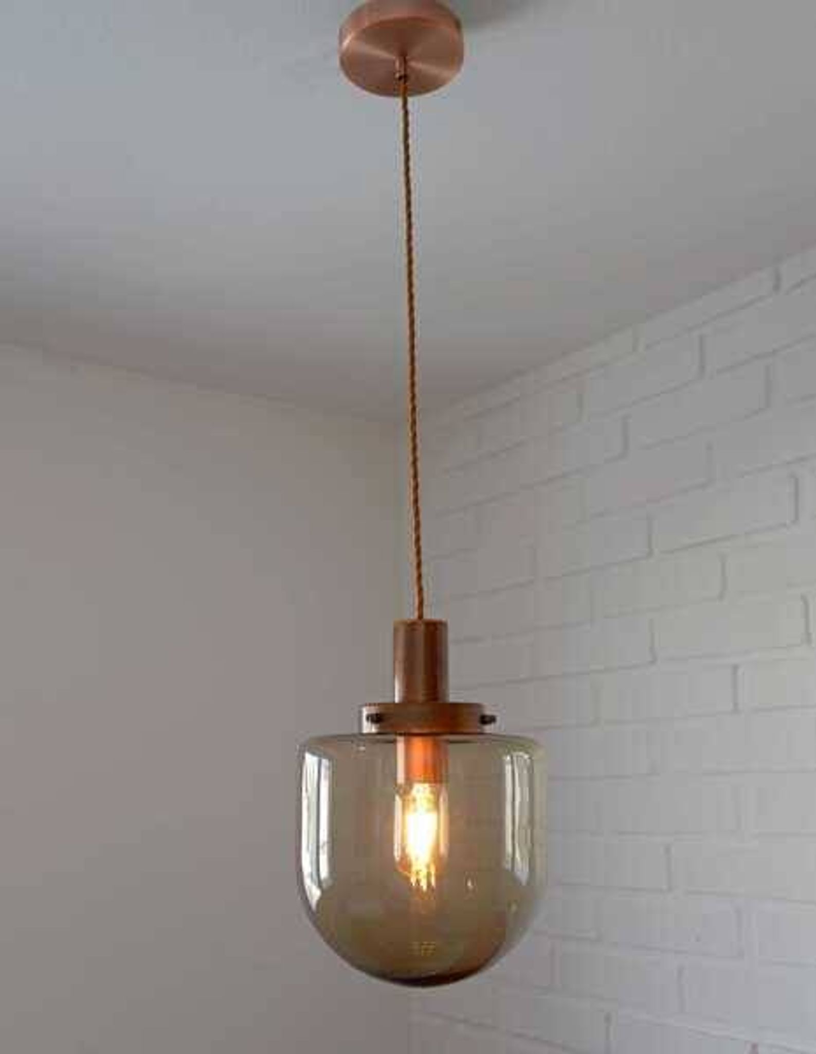 1 blown smoked glass pendant light / copper bar lamp / mid-century modern 1970s