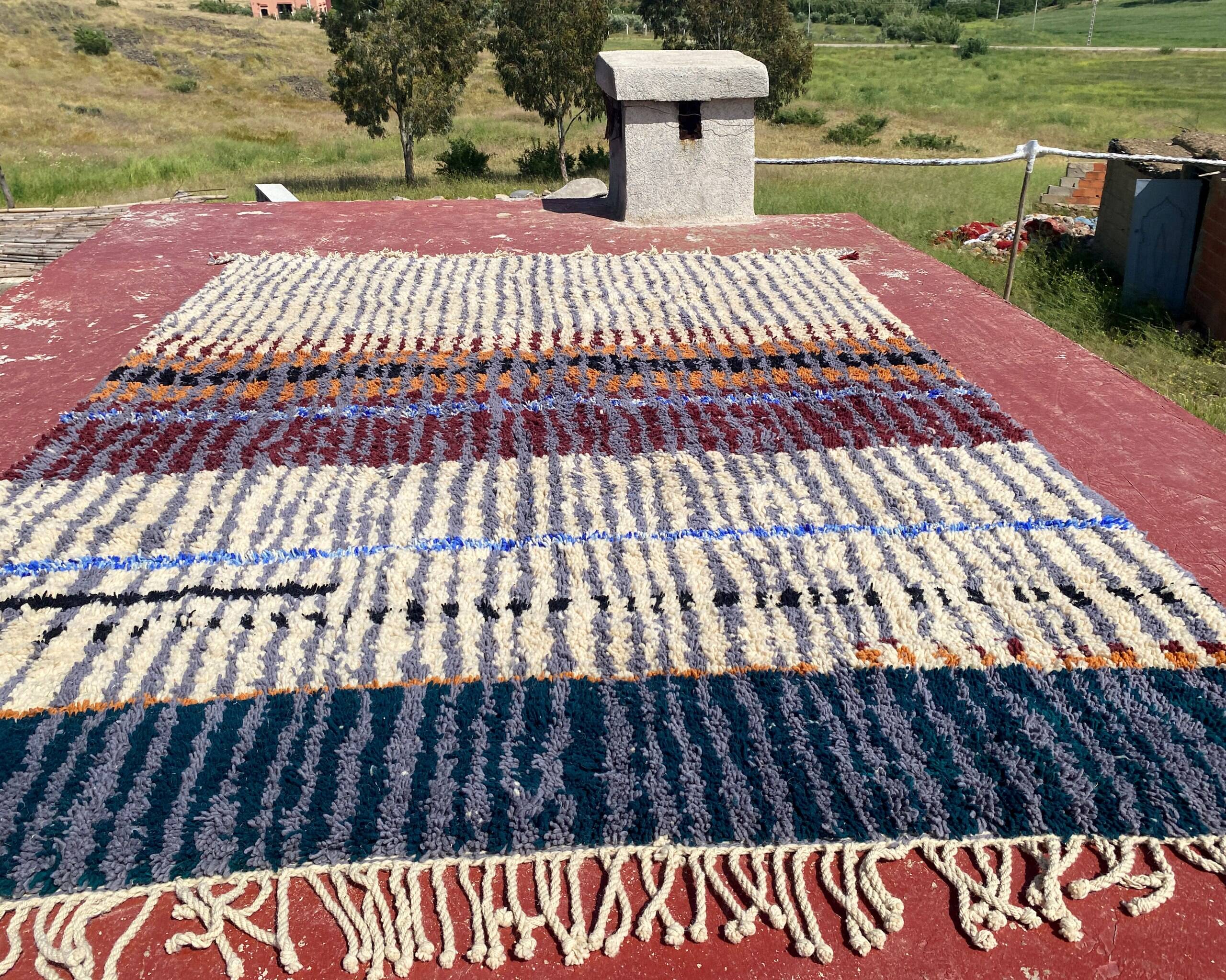 Vintage Moroccan Berber rug with multicoloured stripes – 332 x 244 cm