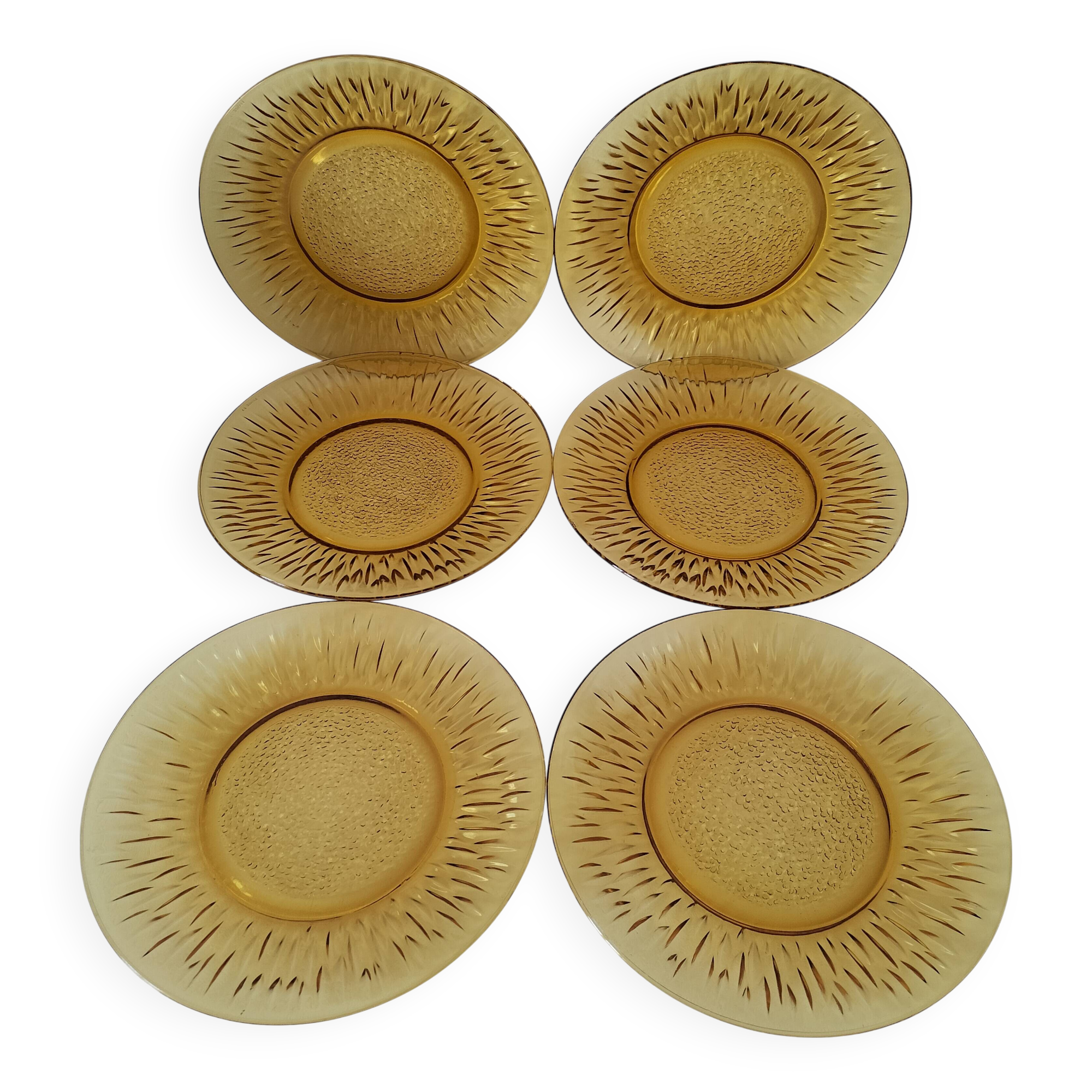 Set of 6 pressed glass dessert plates with sunflower motif Vereco