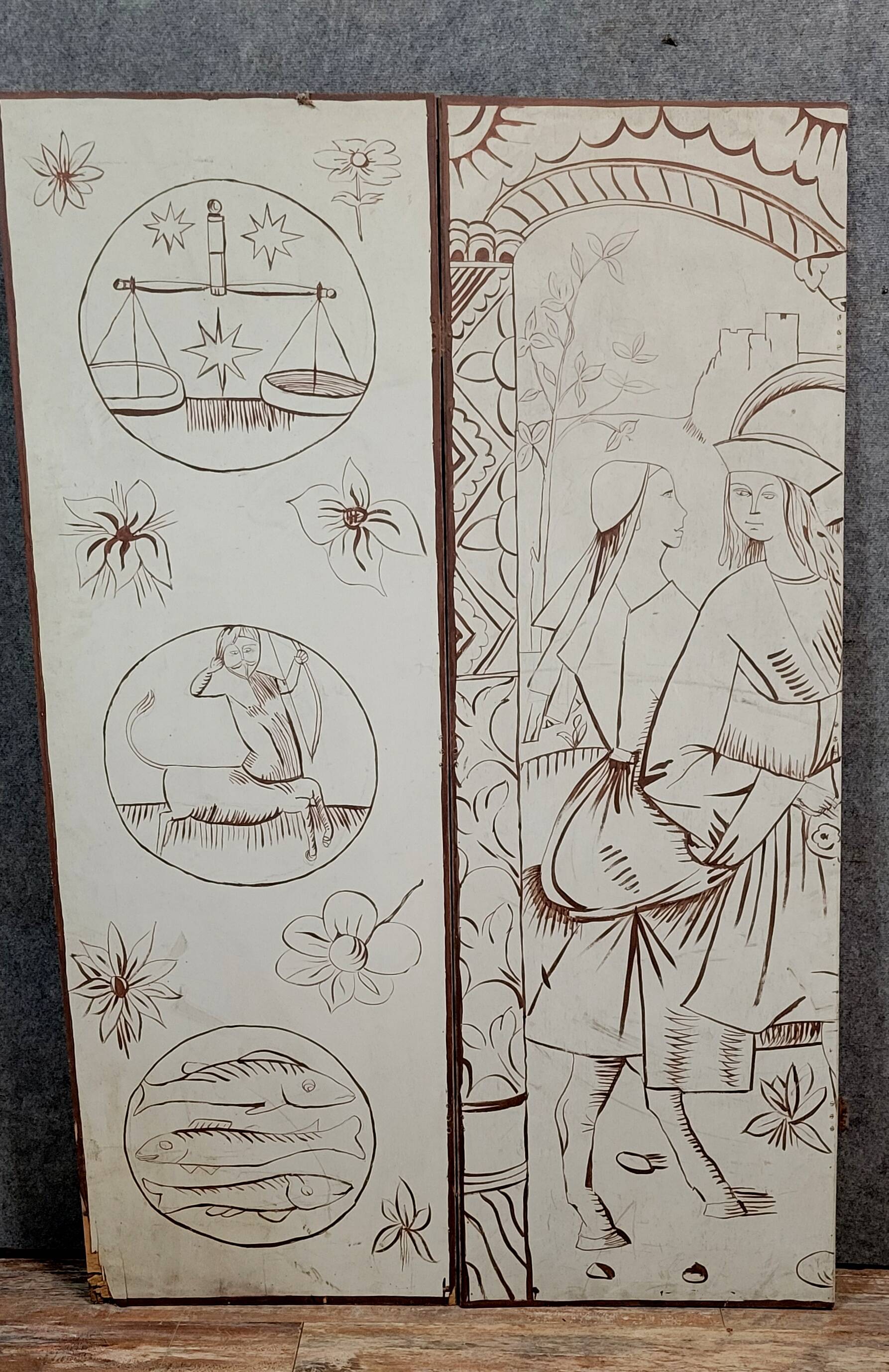 Two-leaf screen depicting a historical figure and symbols