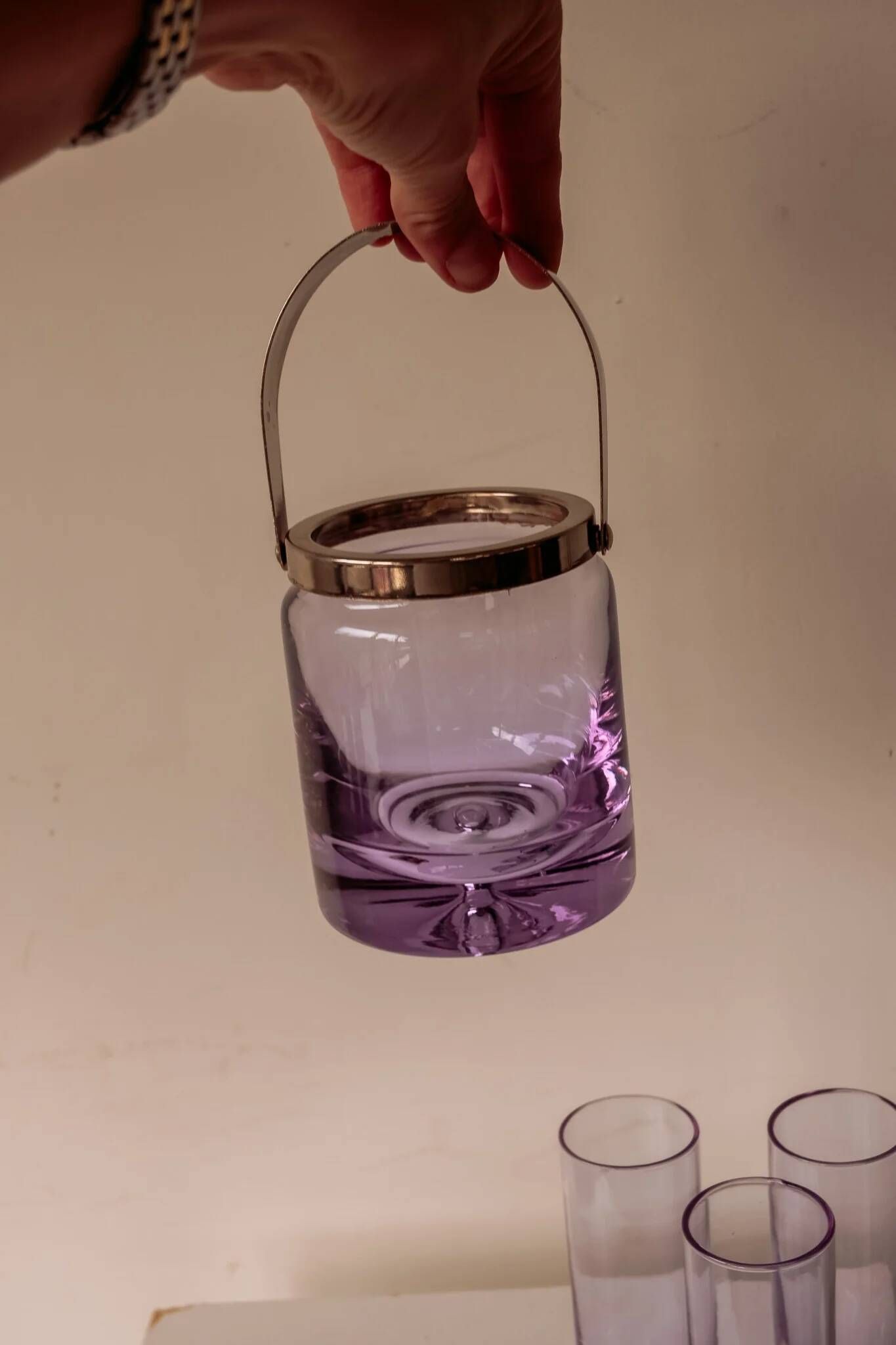 Set of lilac alexandrite liqueur glasses with matching ice bucket.