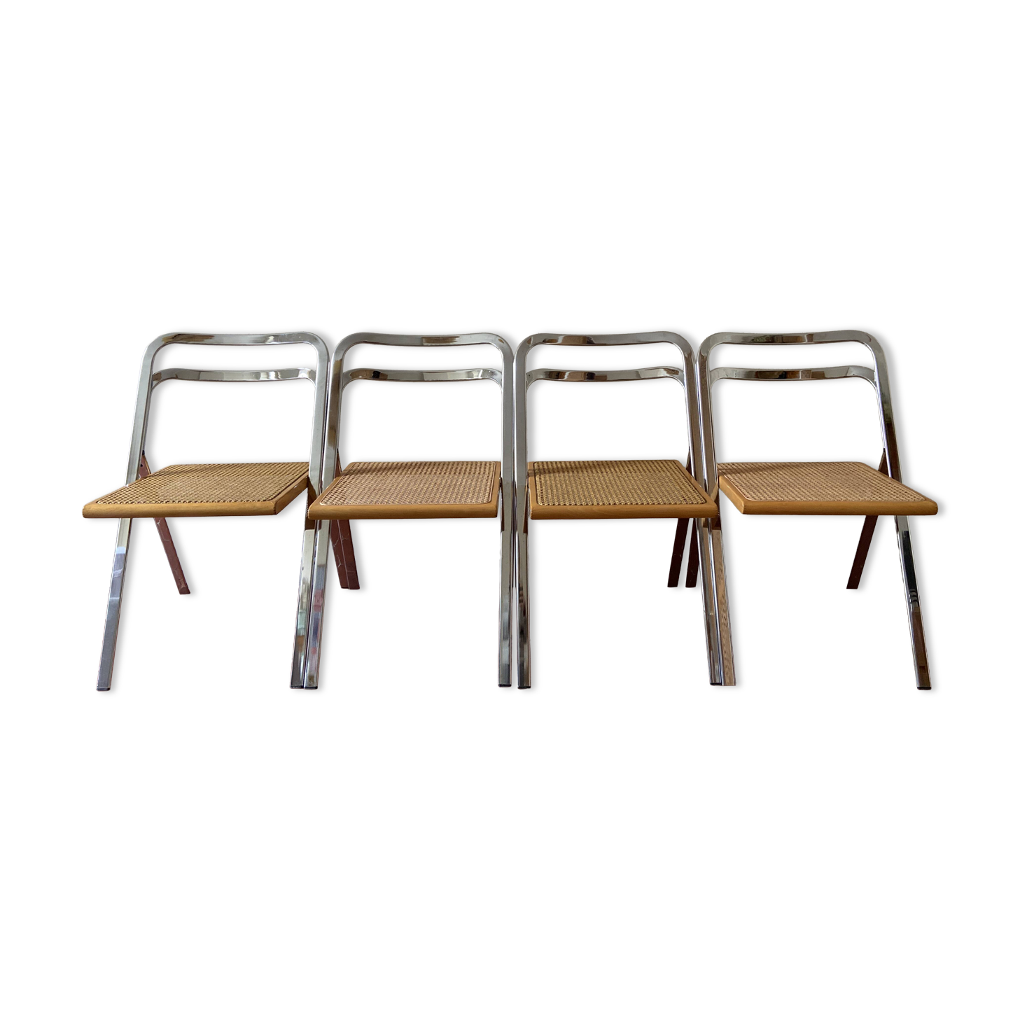 Set of 4 folding chairs with cane and chrome, Cidue by Gorgio Cattelan, 70s.