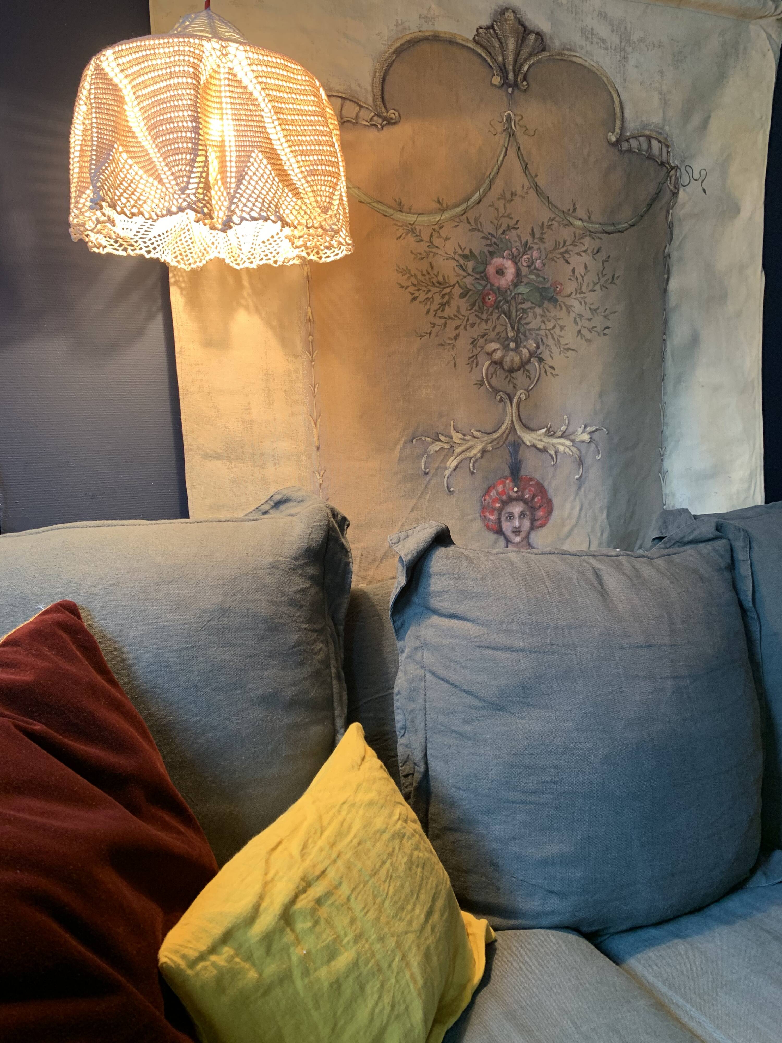 White opaline pendant light and handmade antique crochet lampshade