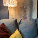 Suspension en opaline blanche et abat jour en crochet ancien fait main