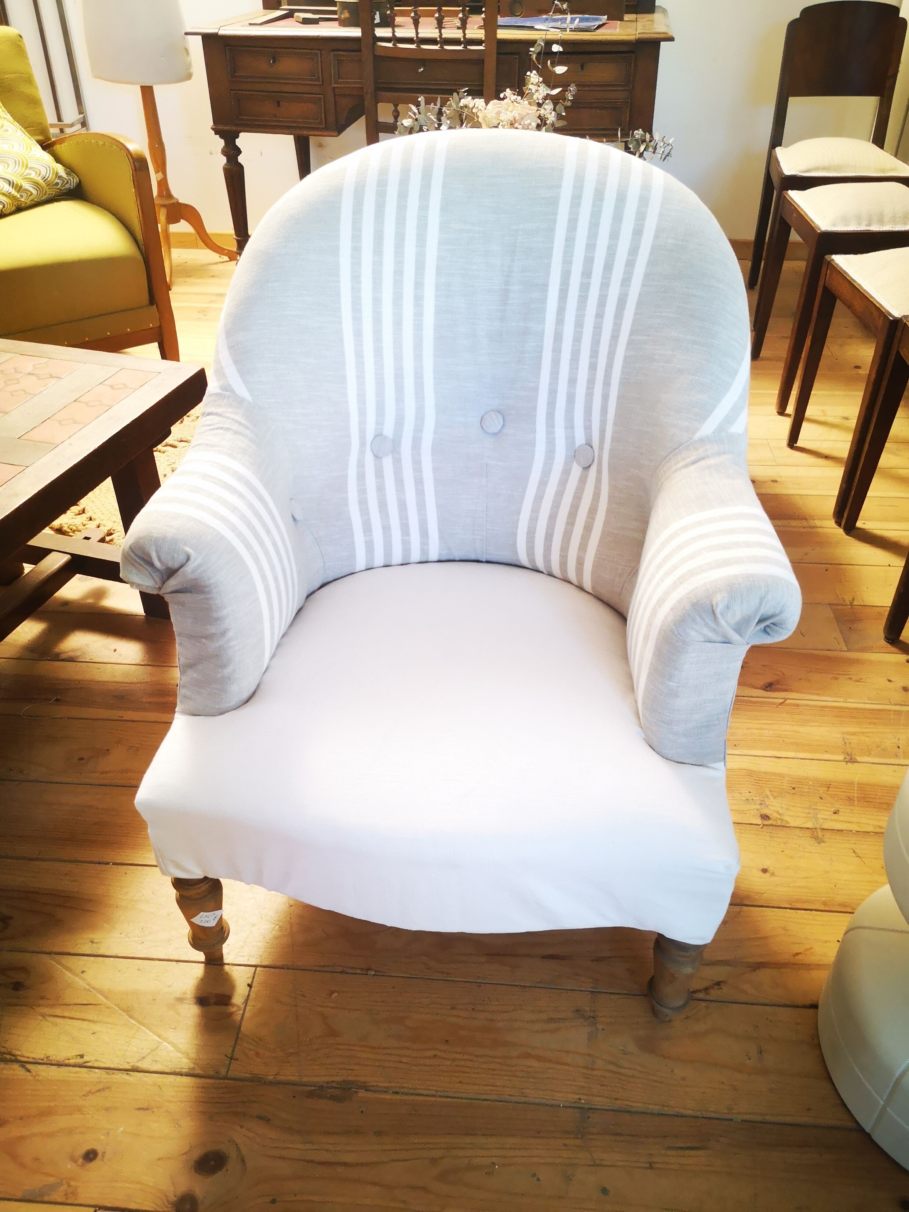 Restored reupholstered toad armchair