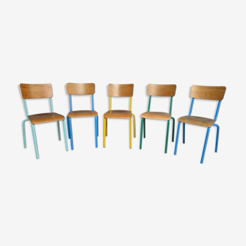 Set of 5 colored vintage school chairs