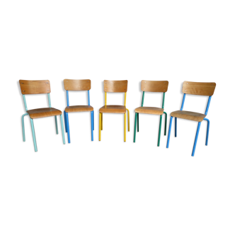 Set of 5 colored vintage school chairs