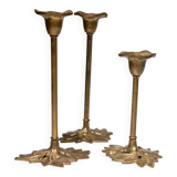 Set of 3 Doré Laiton Candle Holders – Art Nouveau Flower & Leaf Design, Italy, 1940s