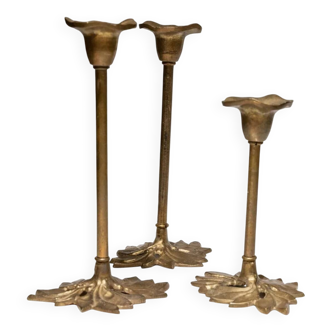 Set of 3 Doré Laiton Candle Holders – Art Nouveau Flower & Leaf Design, Italy, 1940s
