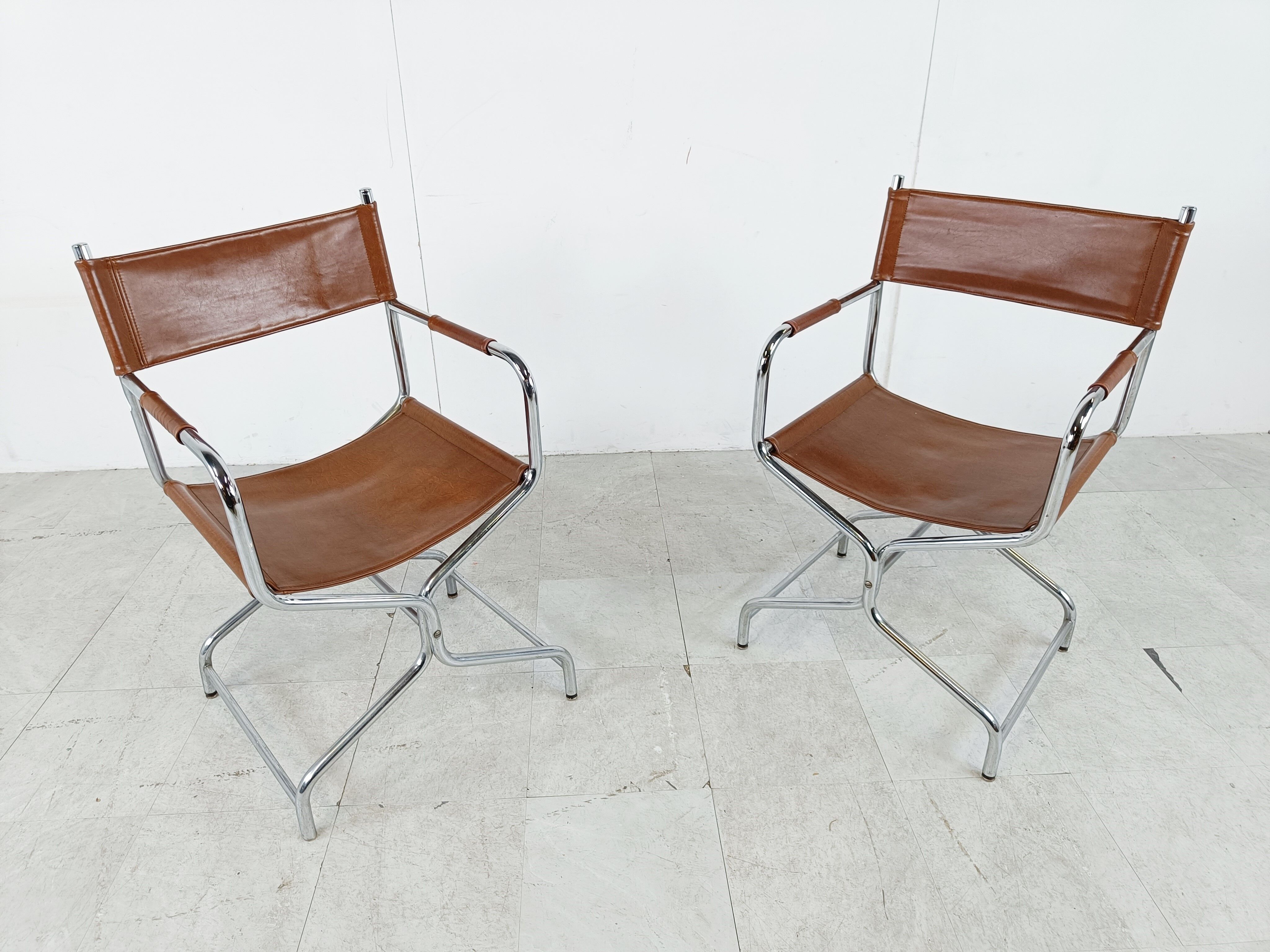 Vintage leather folding chairs set of 2, 1970s