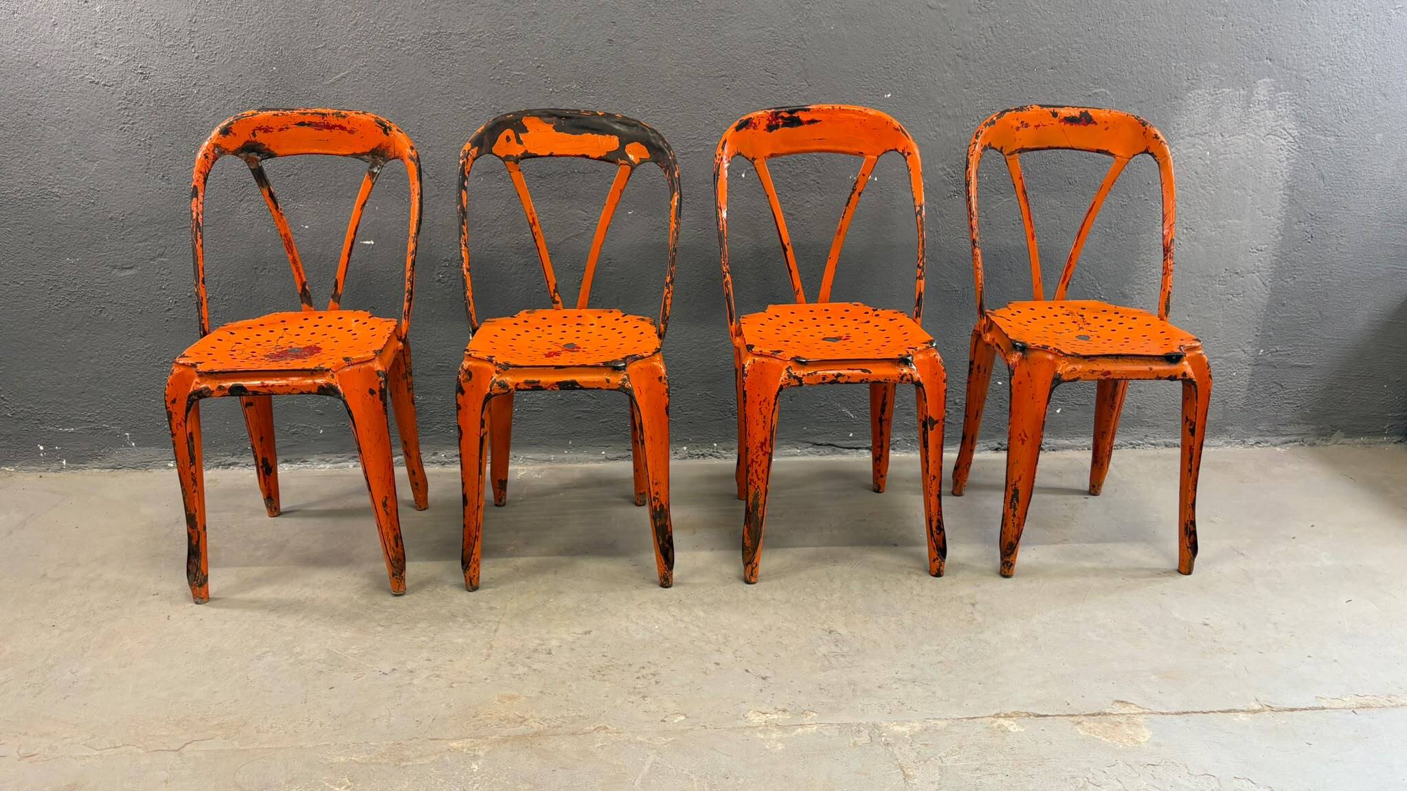 Set of four industrial metal dining chairs by Joseph Mathieu, painted steel, 1920s, France