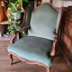 Vintage Louis XV style wing chair, light green velvet