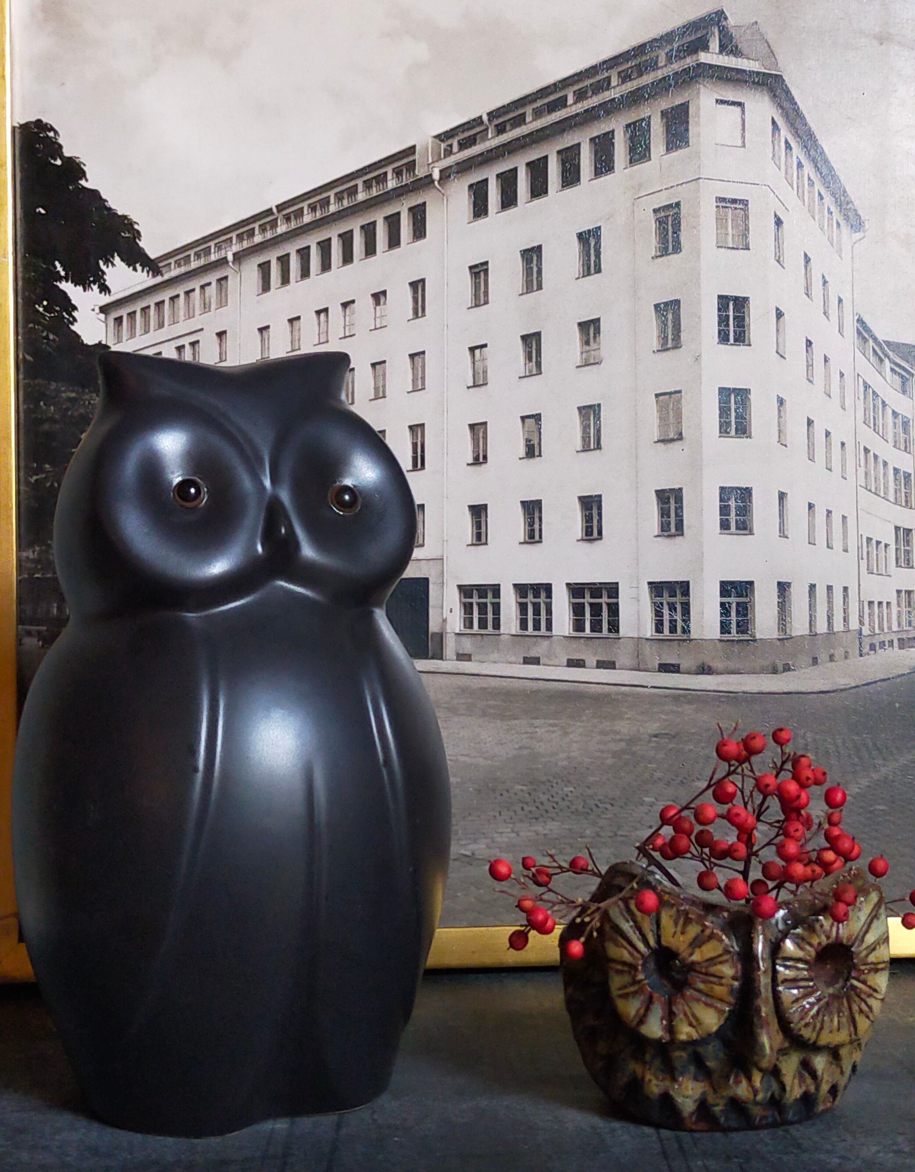 Potter's owl signed in vintage black ceramic