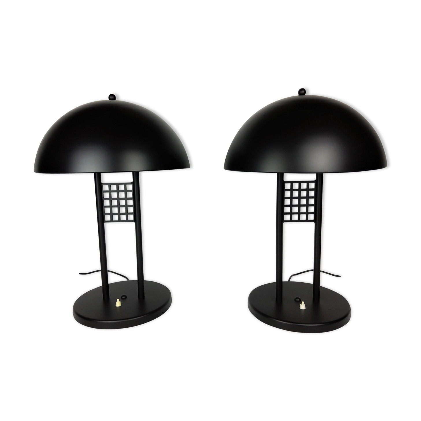 Pair of vintage table lamps, black lace-up metal 1980