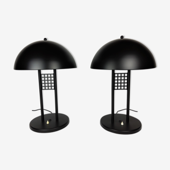 Pair of vintage table lamps, black lace-up metal 1980