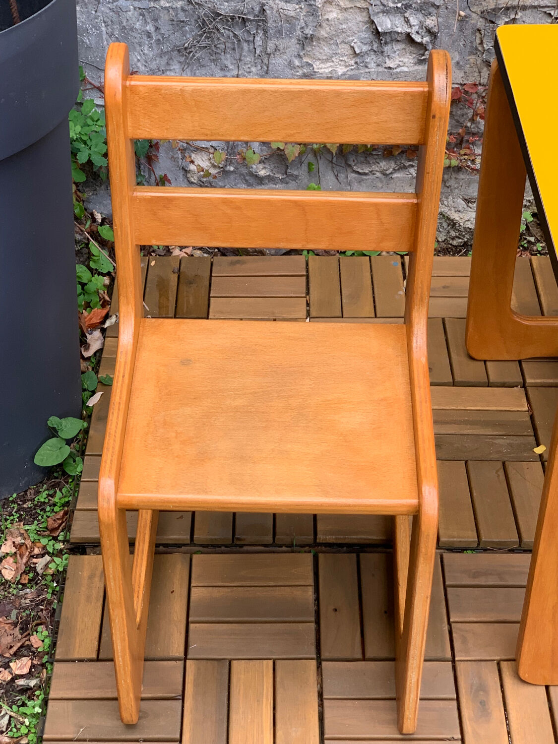 Children's wooden and formica desk and sled chairs 1970