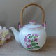 Korean teapot in white ceramic pattern pink flowers handle vintage wood