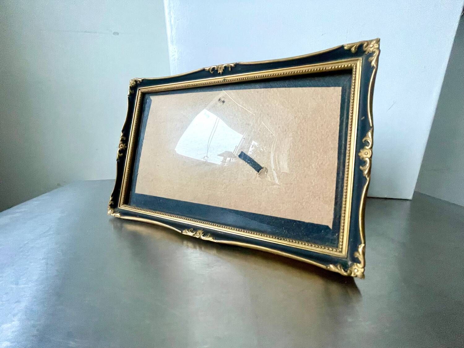 Antique black & gold wooden frame   24 cm x 16 cm convex glass