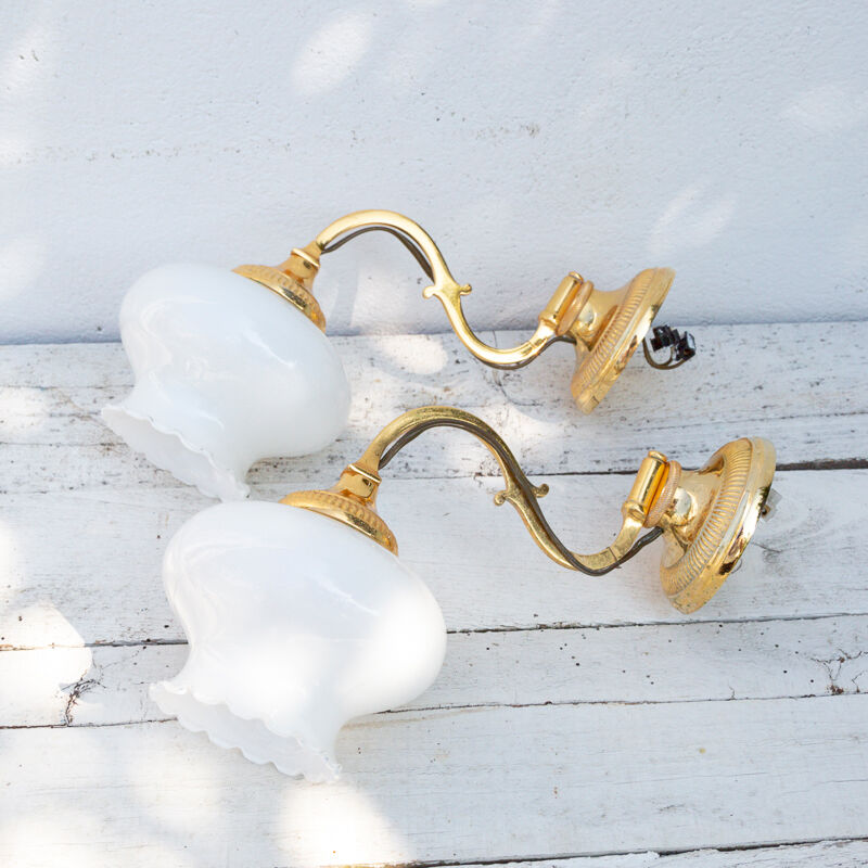 2 wall sconces golden metal gooseneck and opaline lampshade
