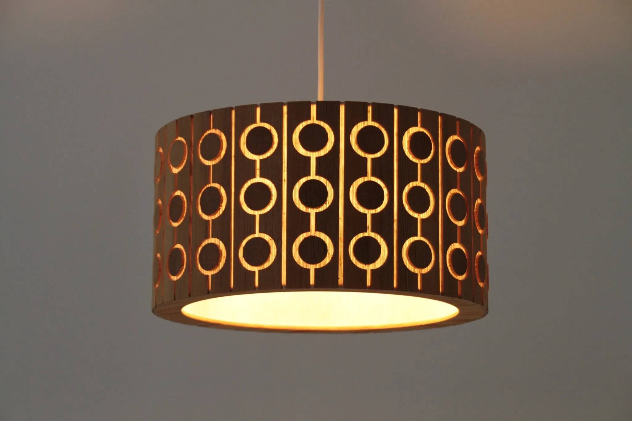 Pine Pendant Lamp – Cylindrical with Circle Pattern, Scandinavia – 1960s/1970s