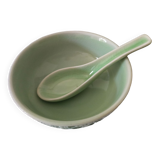 Celadon green glazed ceramic bowl and its vintage spoon/ rice bowl/ soup bowl/ chinese bowl/