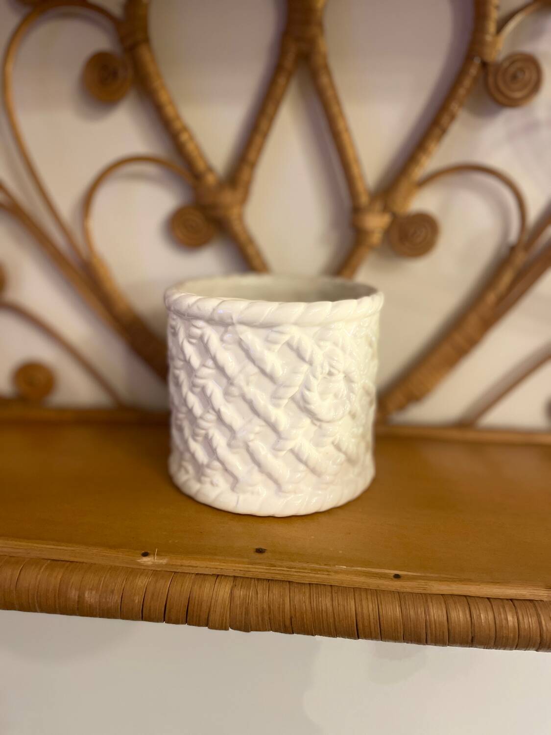 White woven earthenware flowerpot